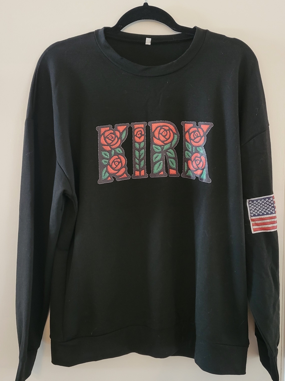 Black Women's Crewneck Sweater with Red Rose 'Kirk' Graphic